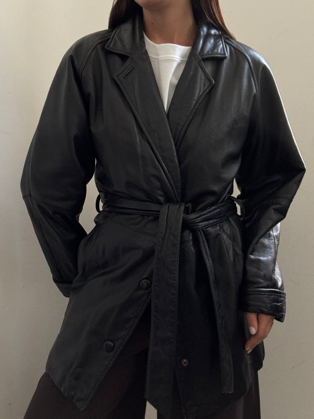 Vintage Black Belted Leather Trench Coat  Size XS