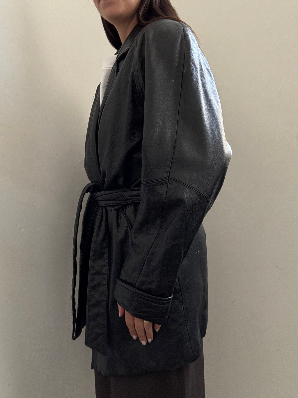 Vintage Black Belted Leather Trench Coat  Size XS