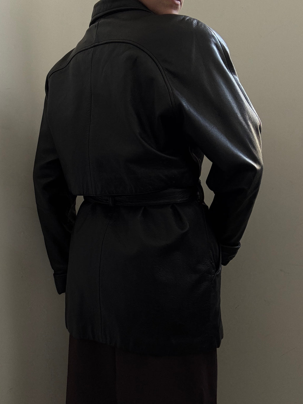 Vintage Black Belted Leather Trench Coat  Size XS