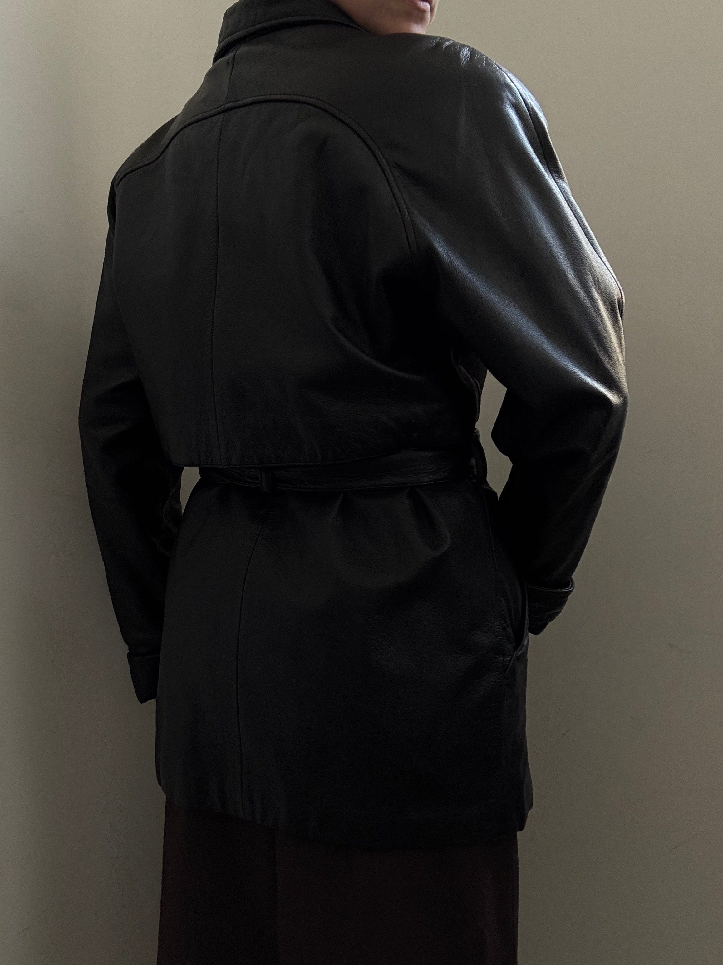 Vintage Black Belted Leather Trench Coat  Size XS