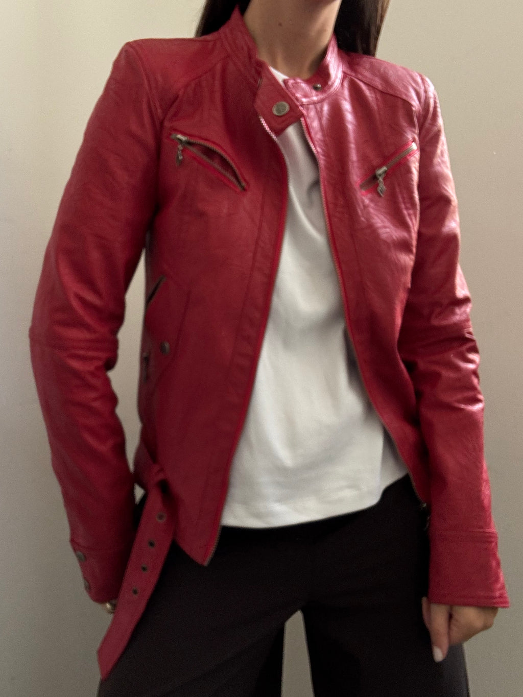 Vintage Red Faux Leather Moto Jacket Size XS