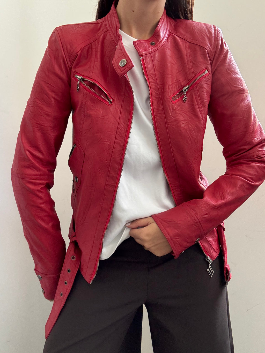 Vintage Red Faux Leather Moto Jacket Size XS
