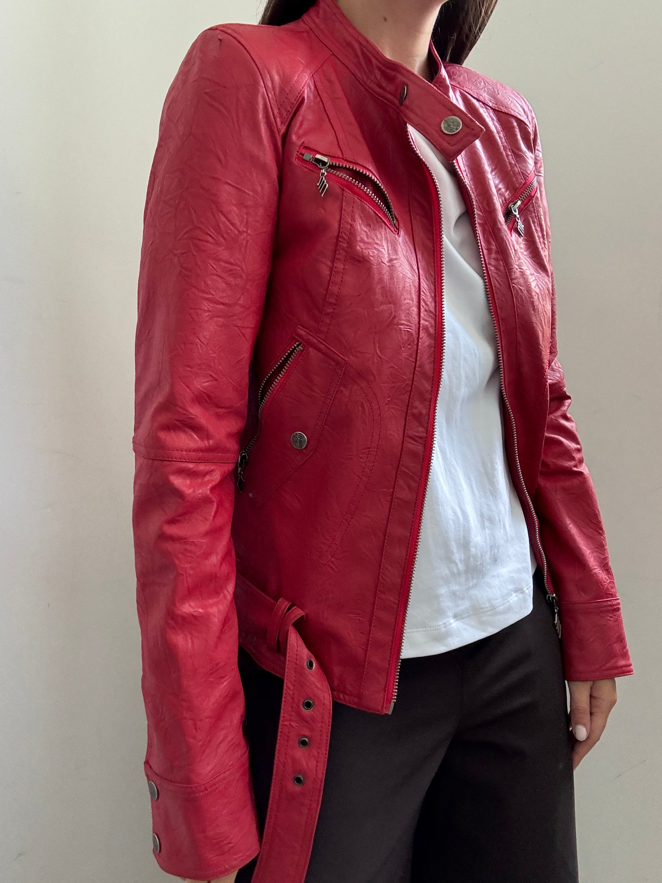 Vintage Red Faux Leather Moto Jacket Size XS
