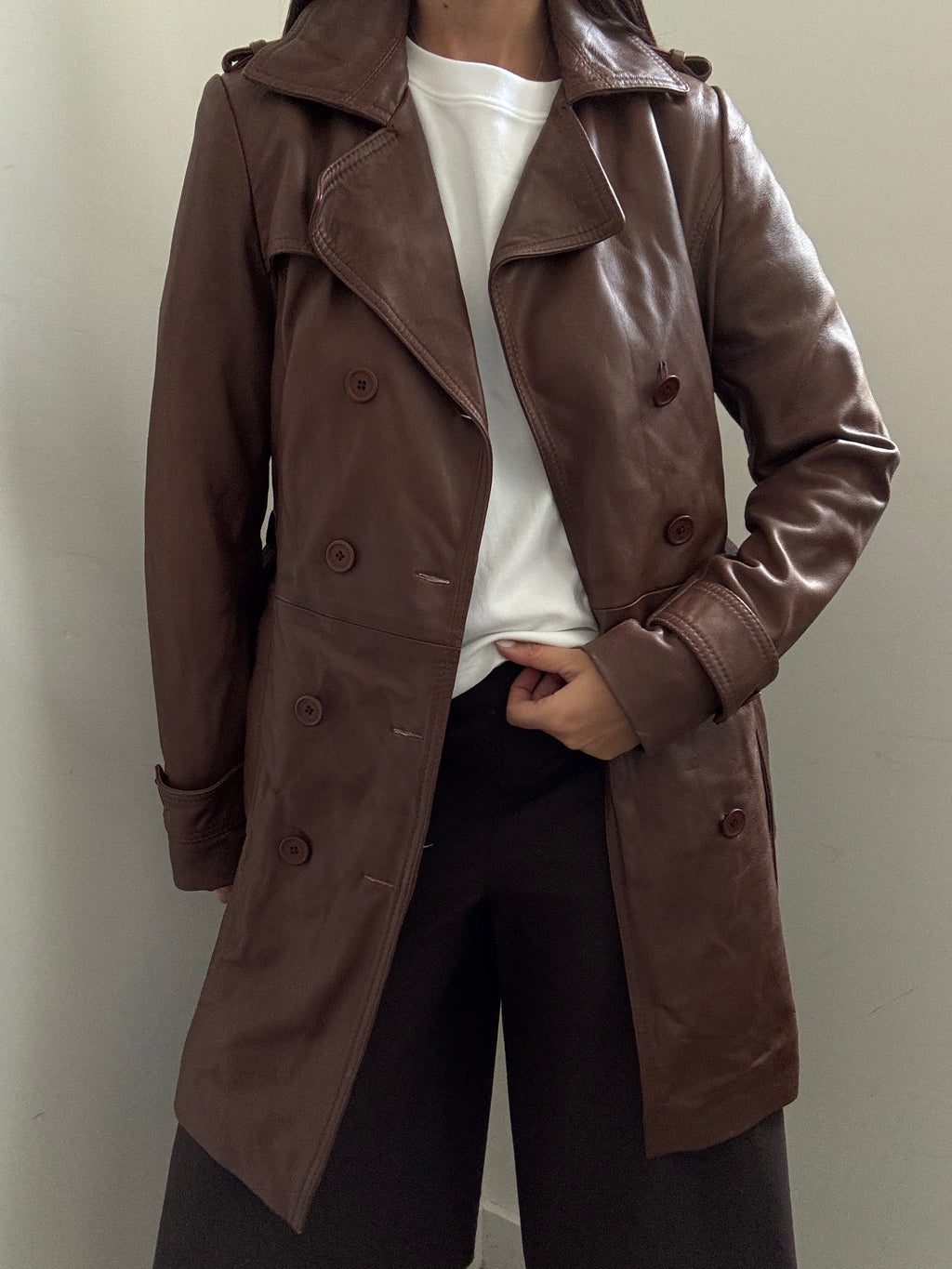 Vintage Brown Double Breasted Belted Trench Coat Size Small
