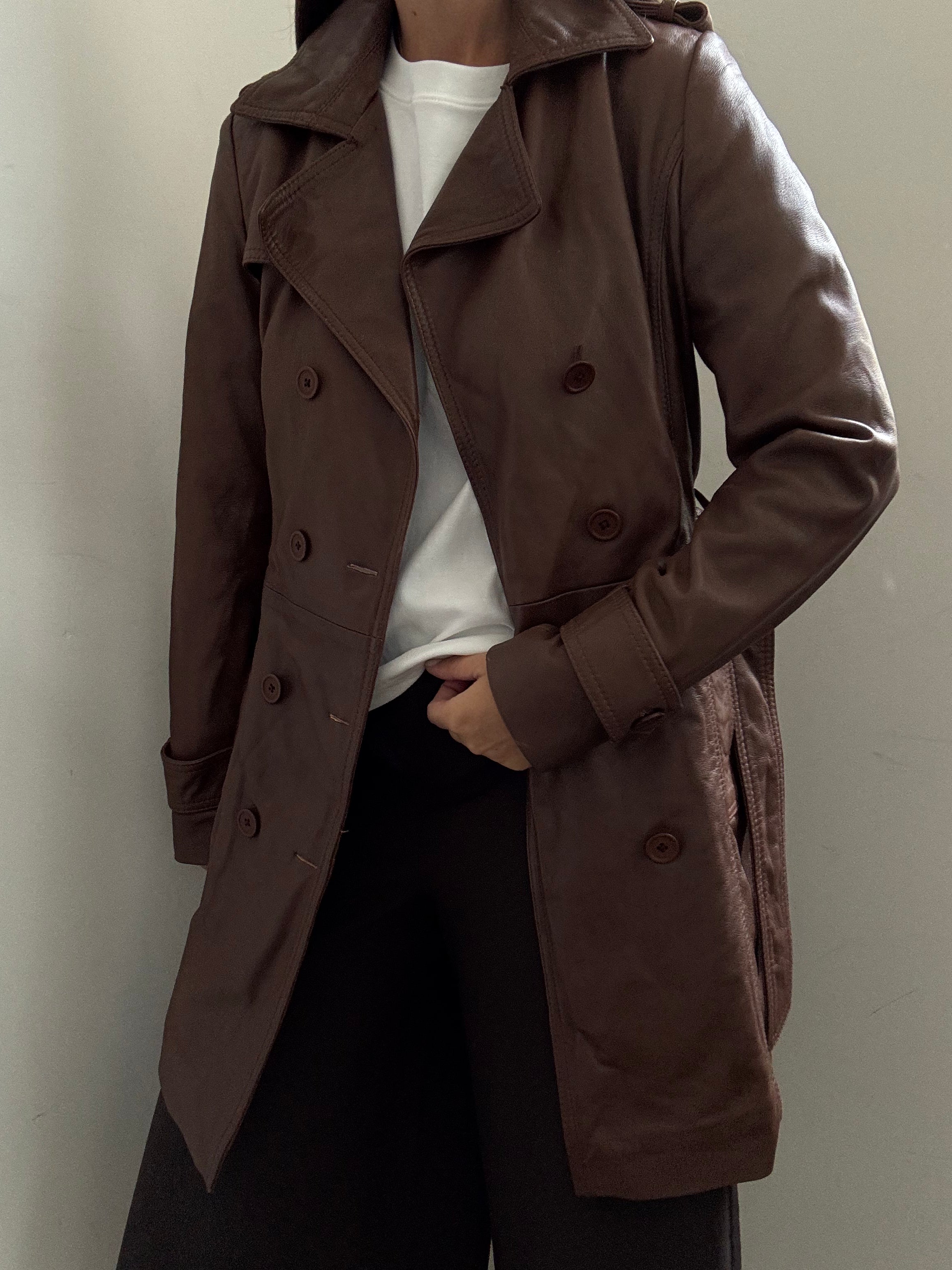 Vintage Brown Double Breasted Belted Trench Coat Size Small