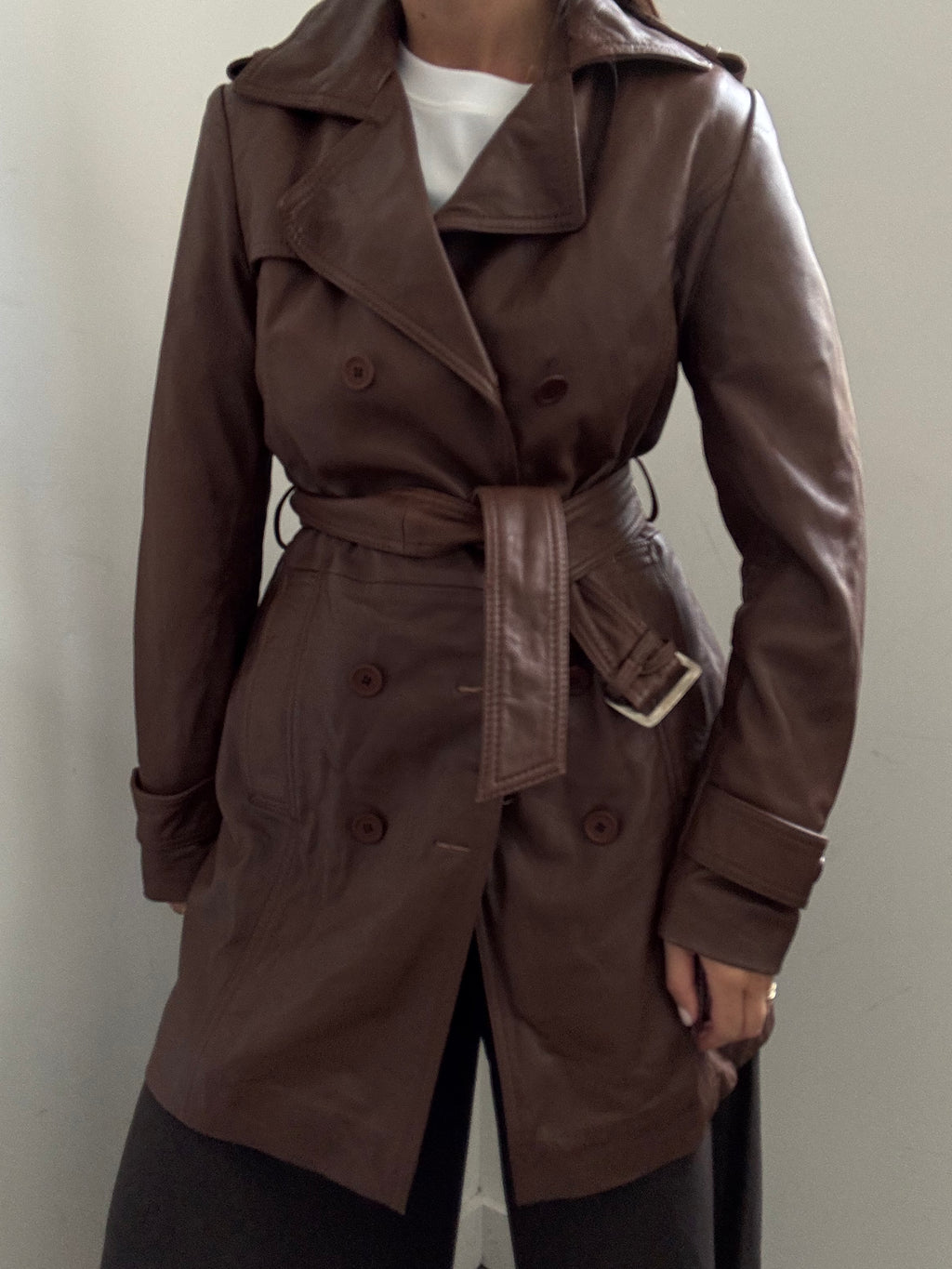 Vintage Brown Double Breasted Belted Trench Coat Size Small