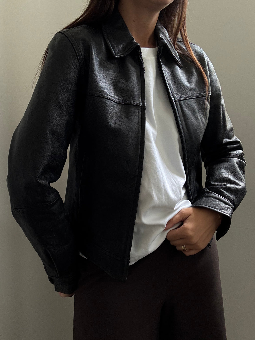 Vintage Italian Black Structured Leather Jacket Size XS