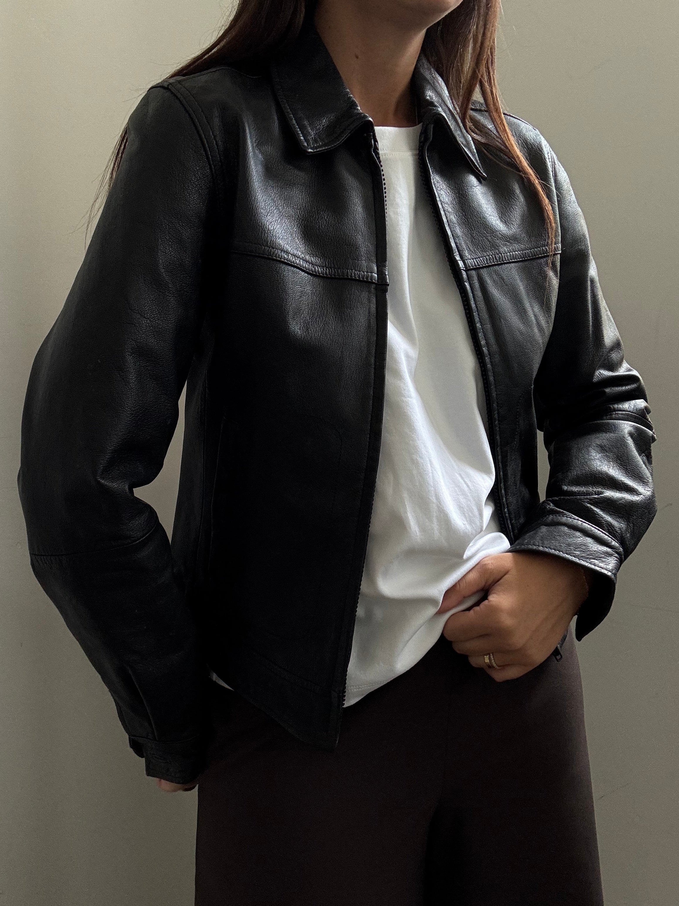 Vintage Italian Black Structured Leather Jacket Size XS