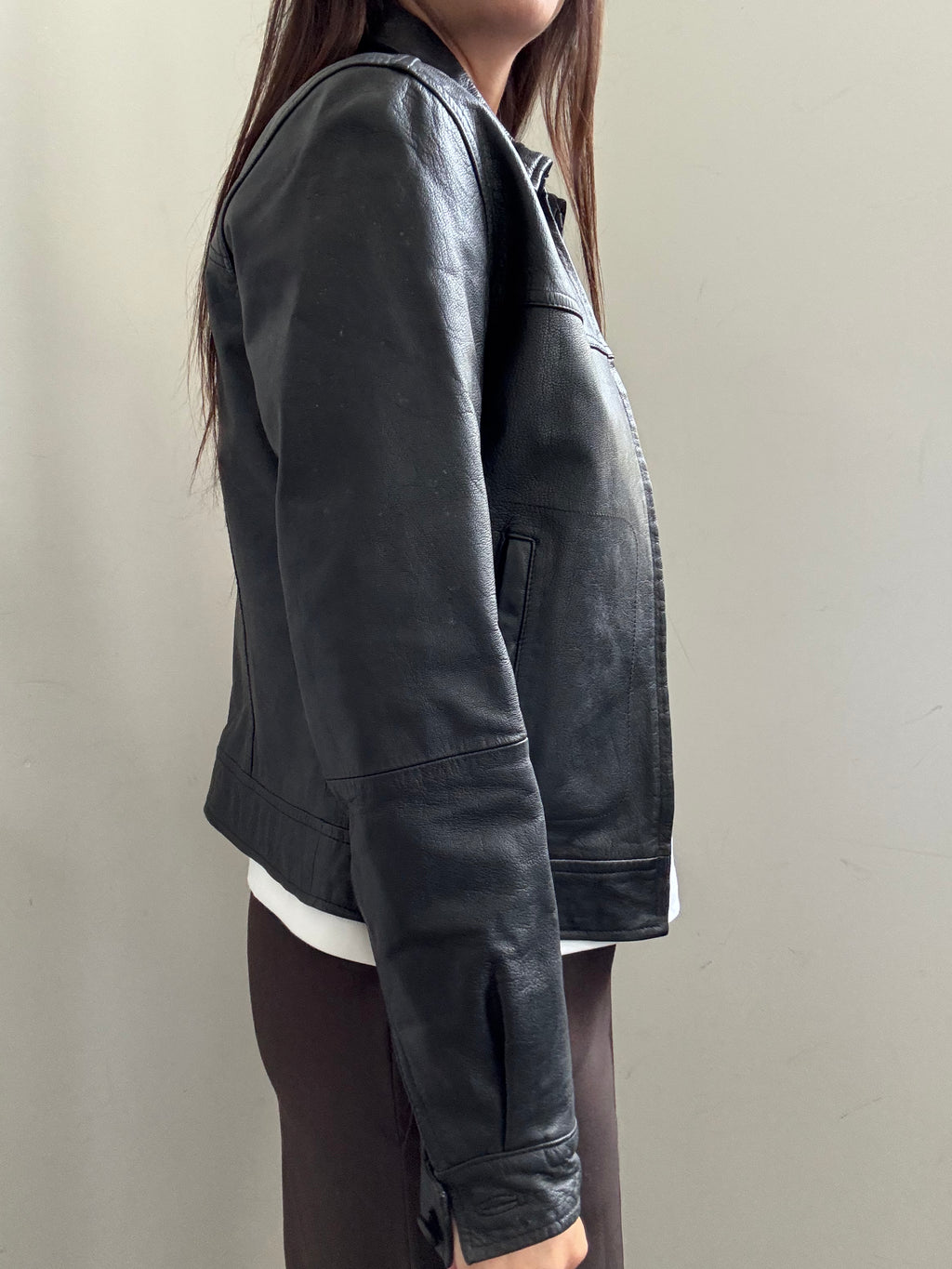 Vintage Italian Black Structured Leather Jacket Size XS