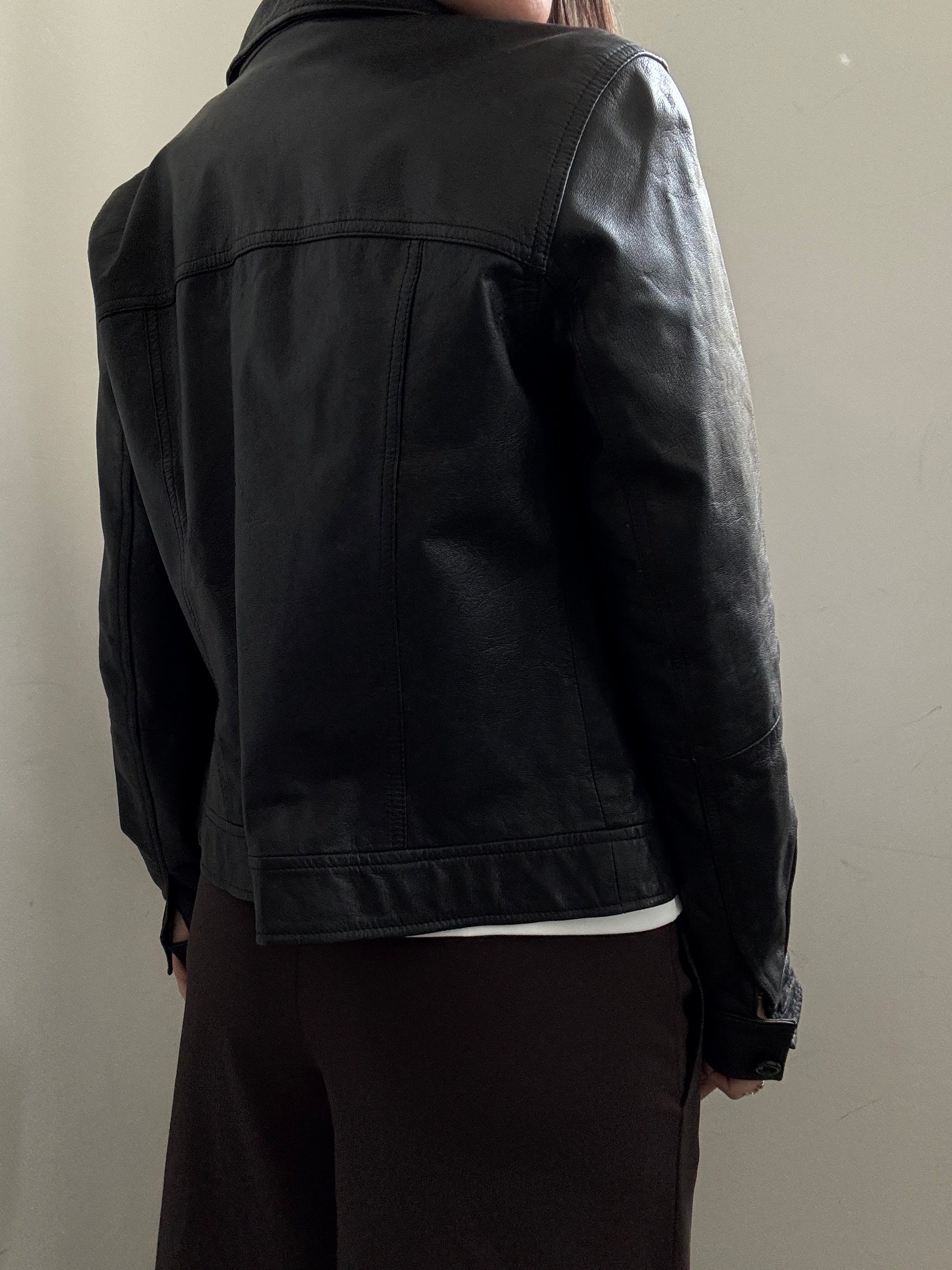 Vintage Italian Black Structured Leather Jacket Size XS