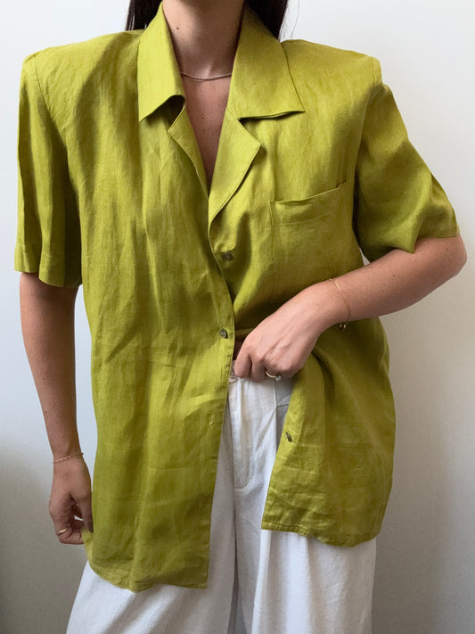 Vintage Chartreuse Linen Button-Up Size Medium