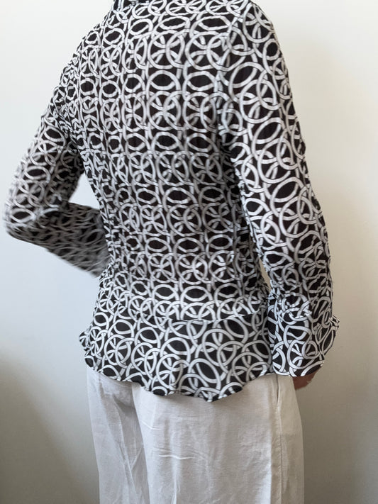 Vintage Black + White Geometric Button-Up Blouse Size Medium