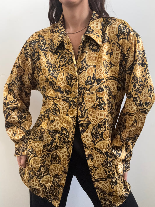 Vintage Black + Gold Ornate Scroll Patterned Button-Up Size Large