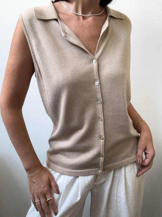 Vintage Beige Knit Sleeveless Button-Up Size Medium