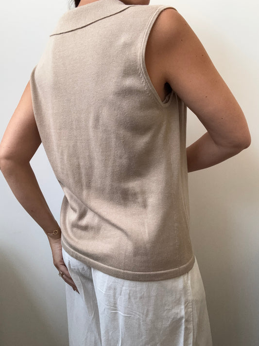 Vintage Beige Knit Sleeveless Button-Up Size Medium