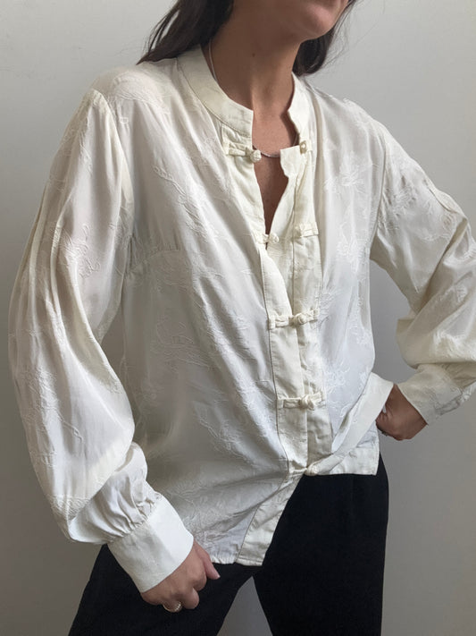 Vintage Ivory Blouse With Butterfly + Floral Pattern with Knotted Buttons Size Medium