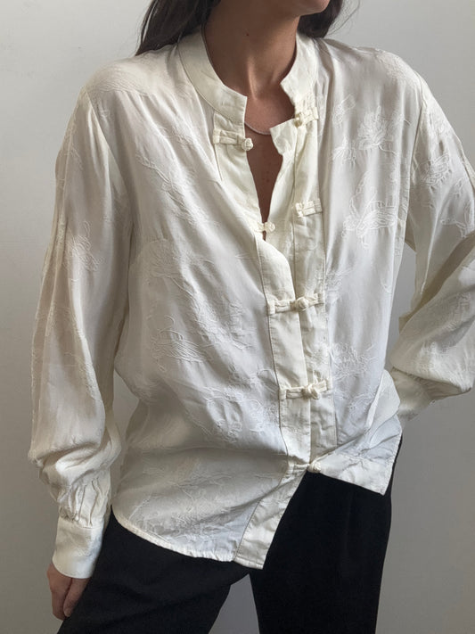 Vintage Ivory Blouse With Butterfly + Floral Pattern with Knotted Buttons Size Medium