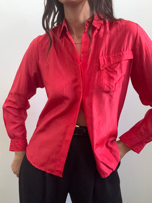 Vintage Silk Red Button-Up Size Small