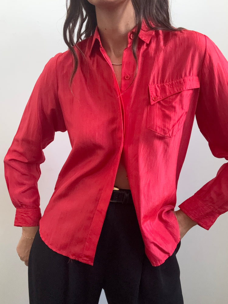 Vintage Silk Red Button-Up Size Small