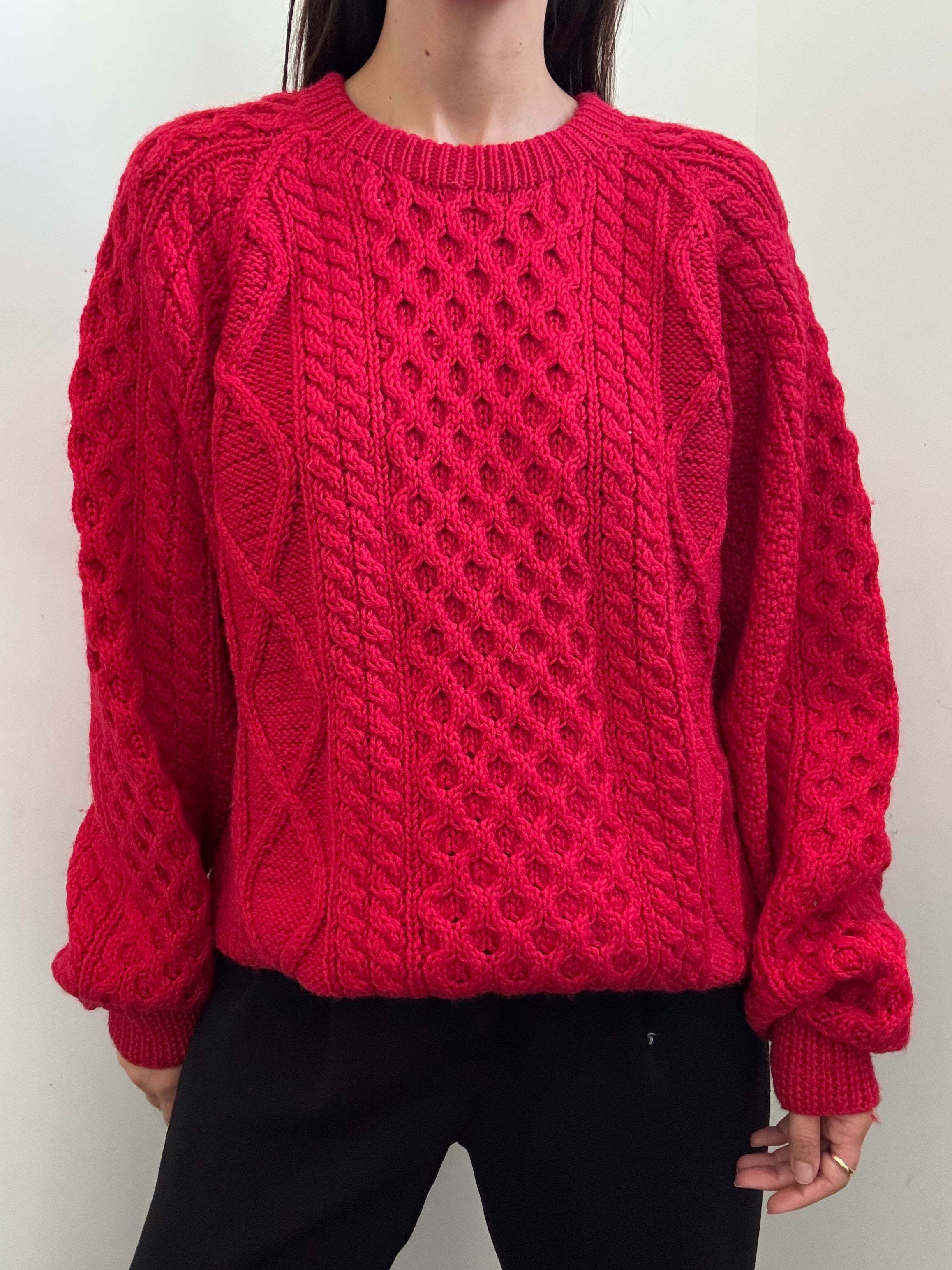 Vintage Cherry Red Chunky Cable Knit Sweater Size L