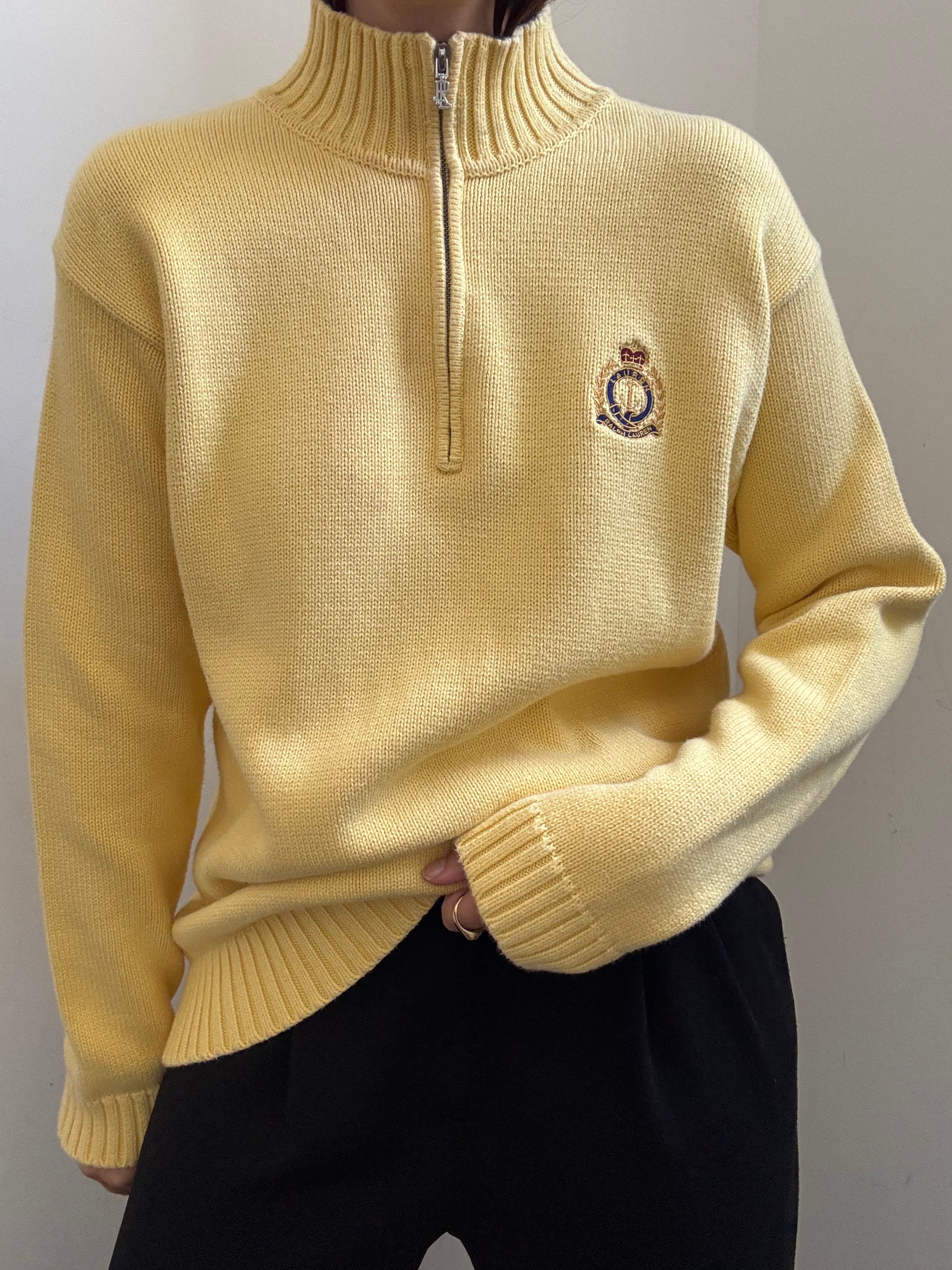 Vintage Ralph Lauren Butter Yellow Quarter Zip Knit Sweater Size L