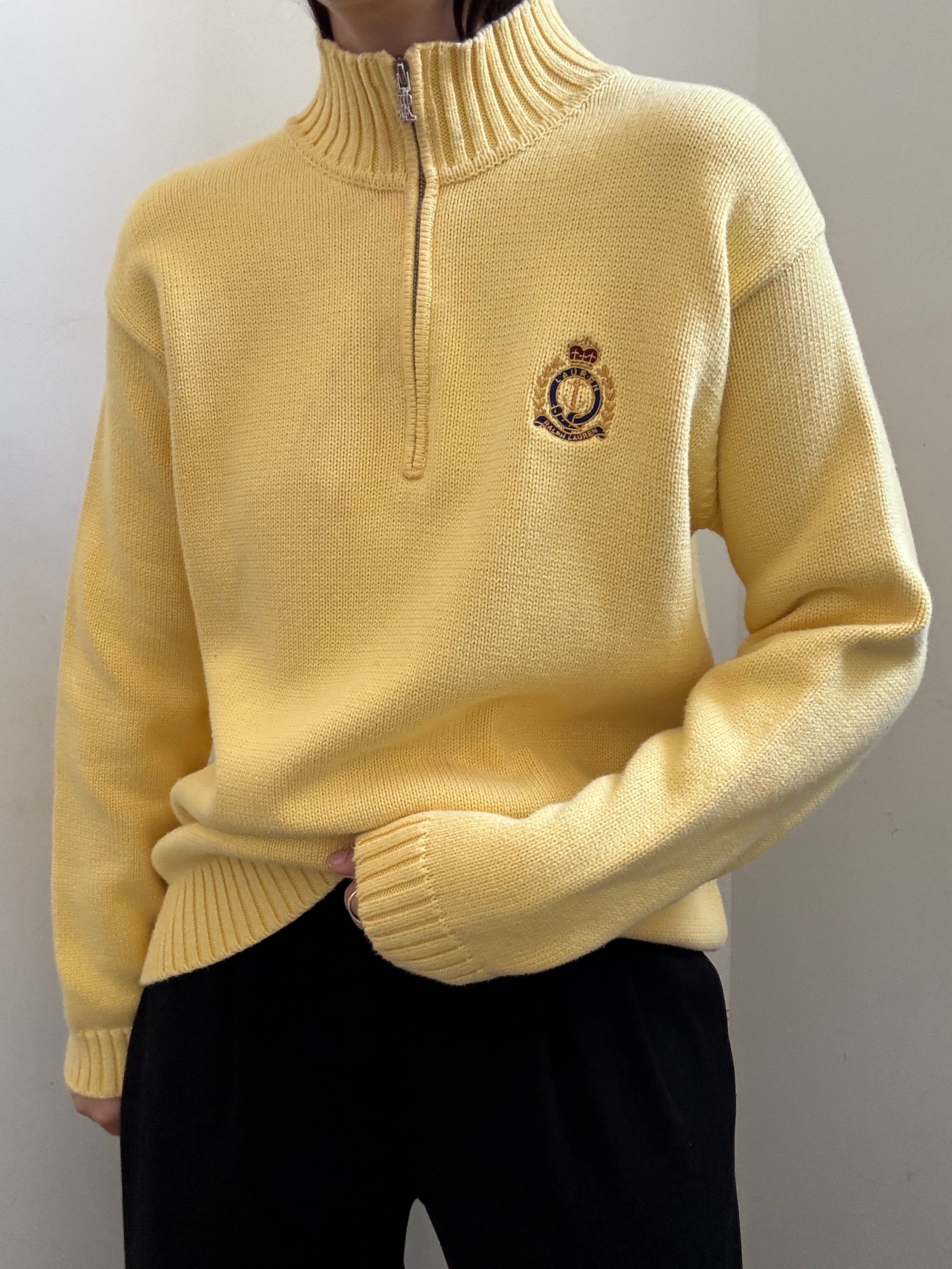 Vintage Ralph Lauren Butter Yellow Quarter Zip Knit Sweater Size L