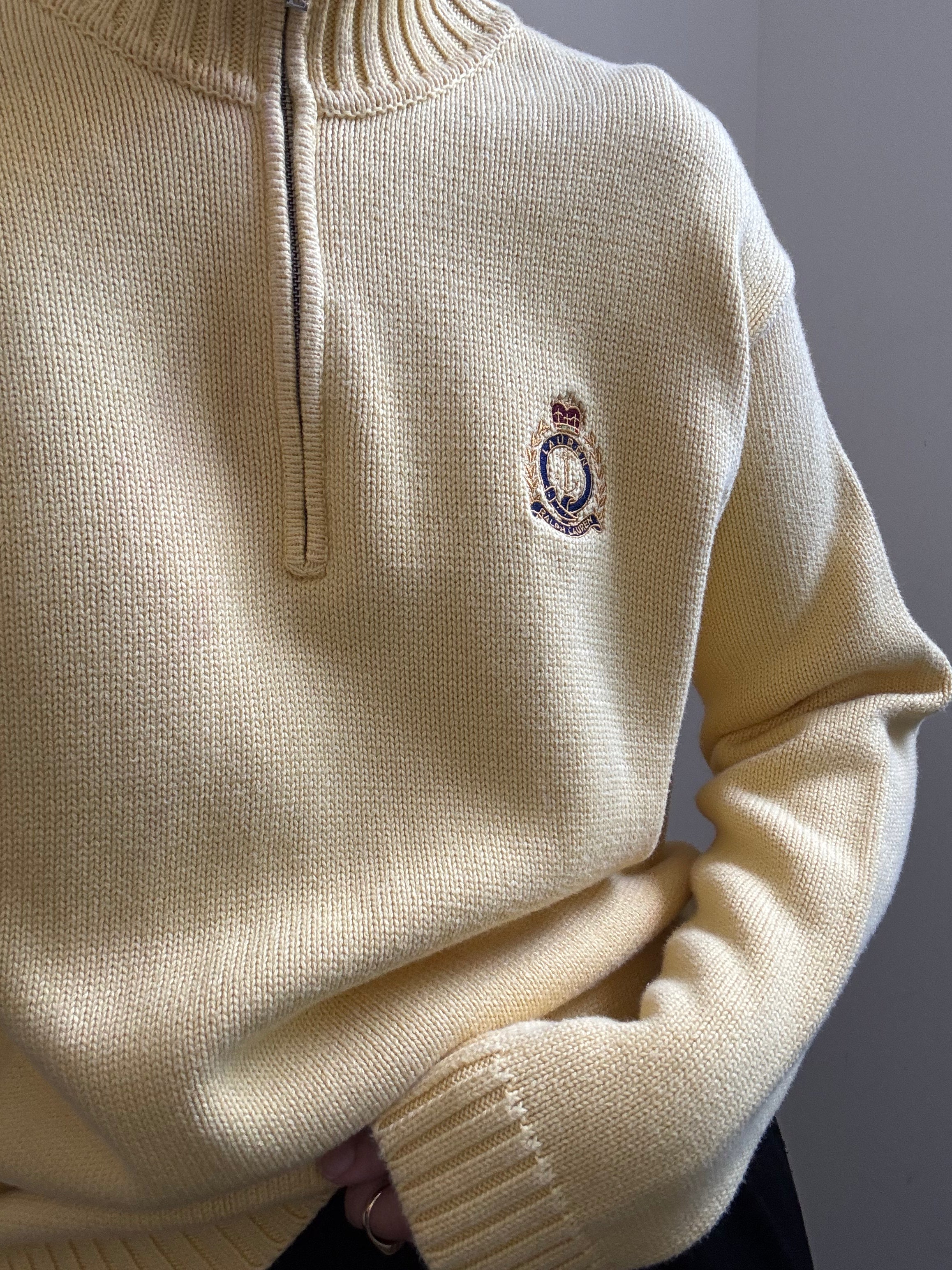 Vintage Ralph Lauren Butter Yellow Quarter Zip Knit Sweater Size L