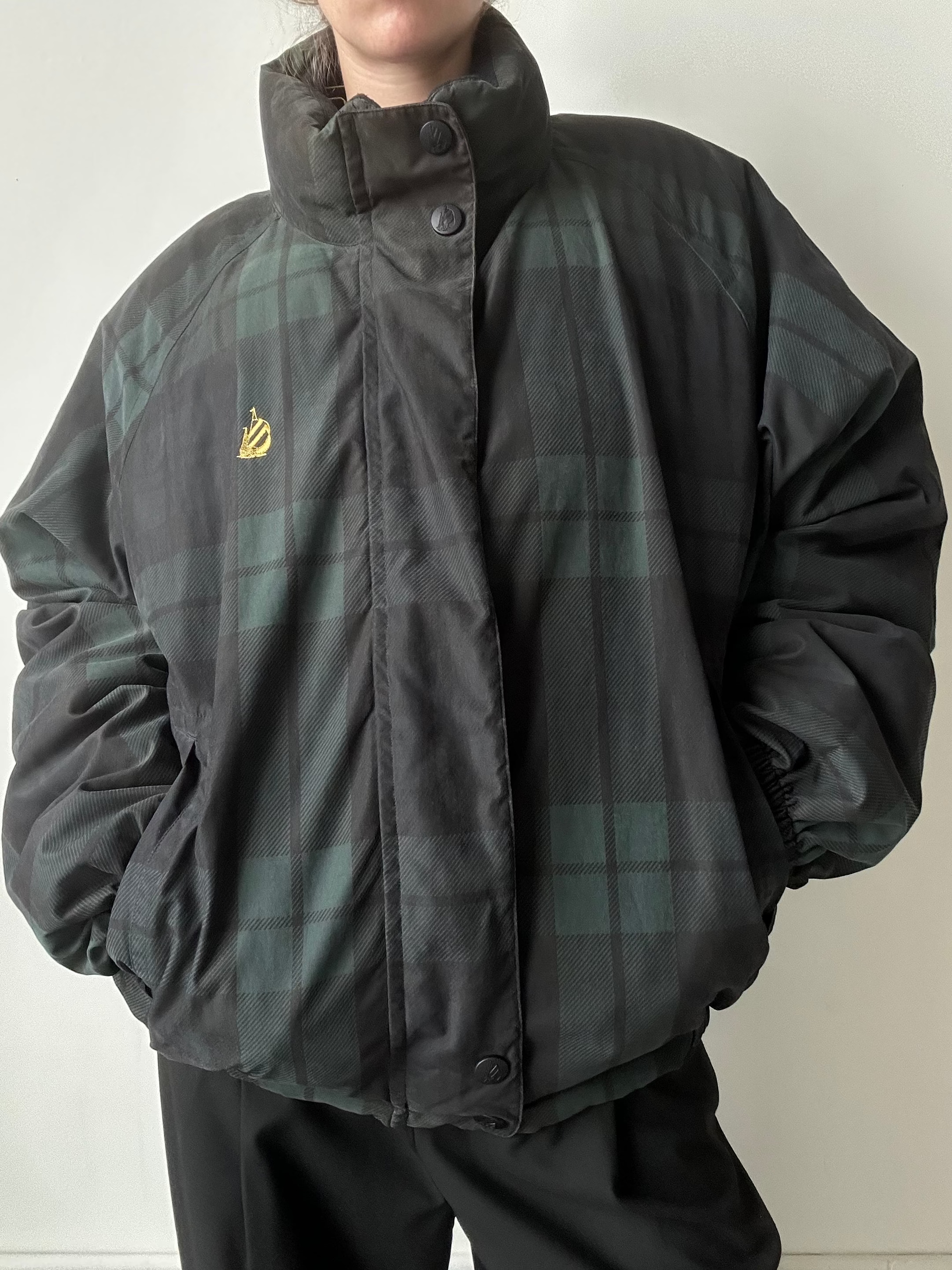 Vintage Reversible Green Black Watch Plaid Bomber Jacket Size Large