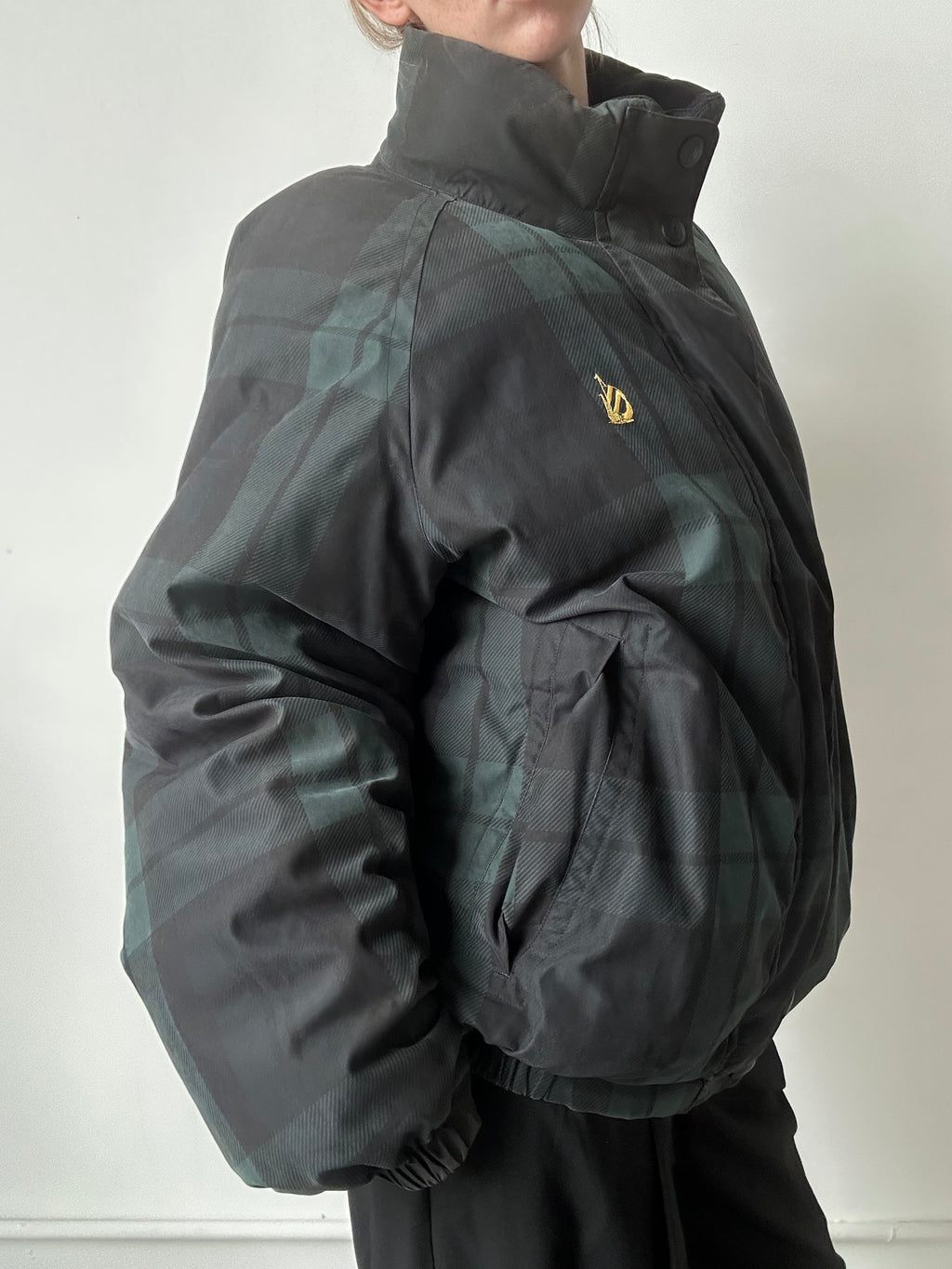 Vintage Reversible Green Black Watch Plaid Bomber Jacket Size Large