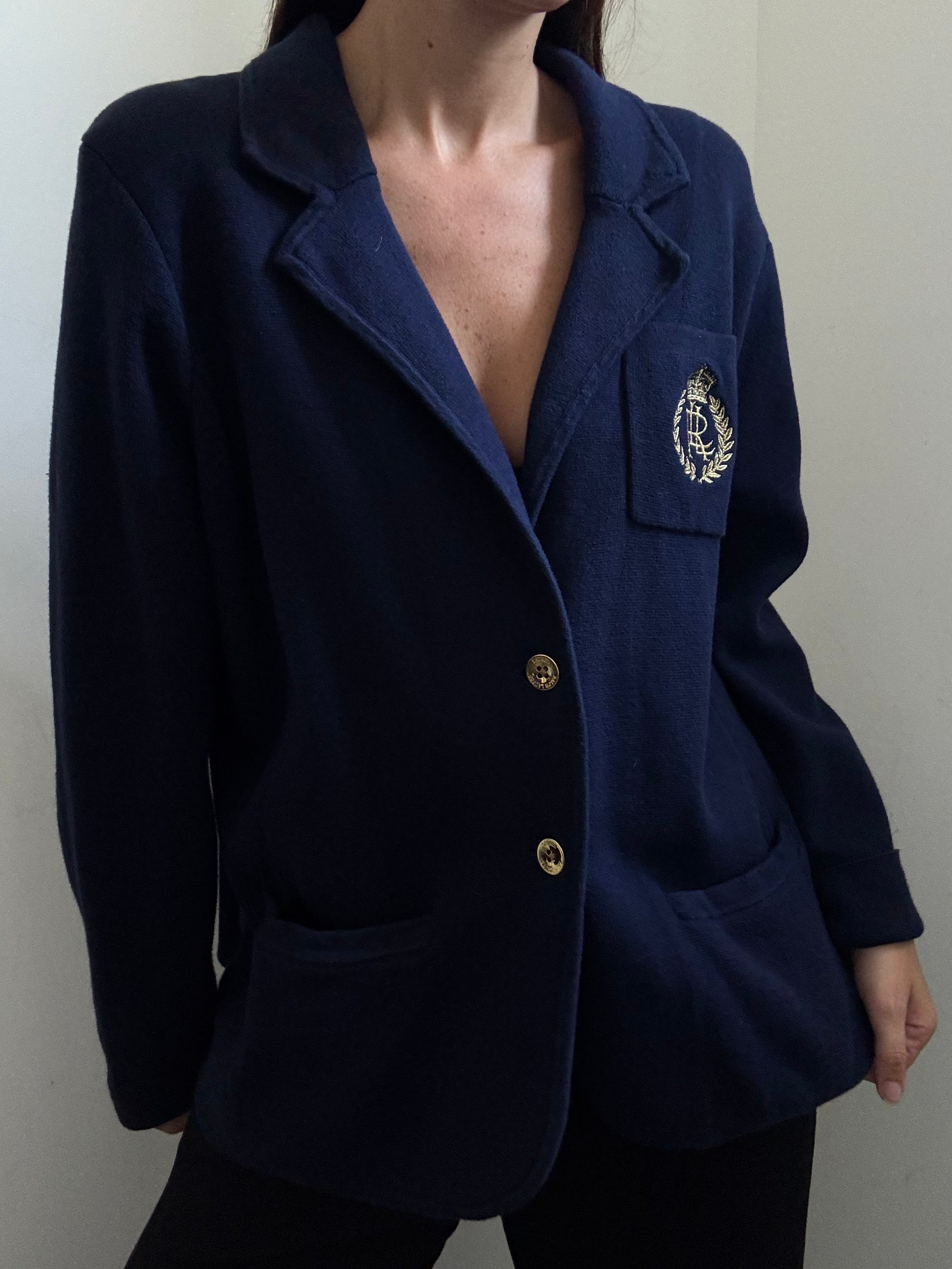 Vintage Ralph Lauren Navy Blue Knit Cardigan + Crest Patch Size XL