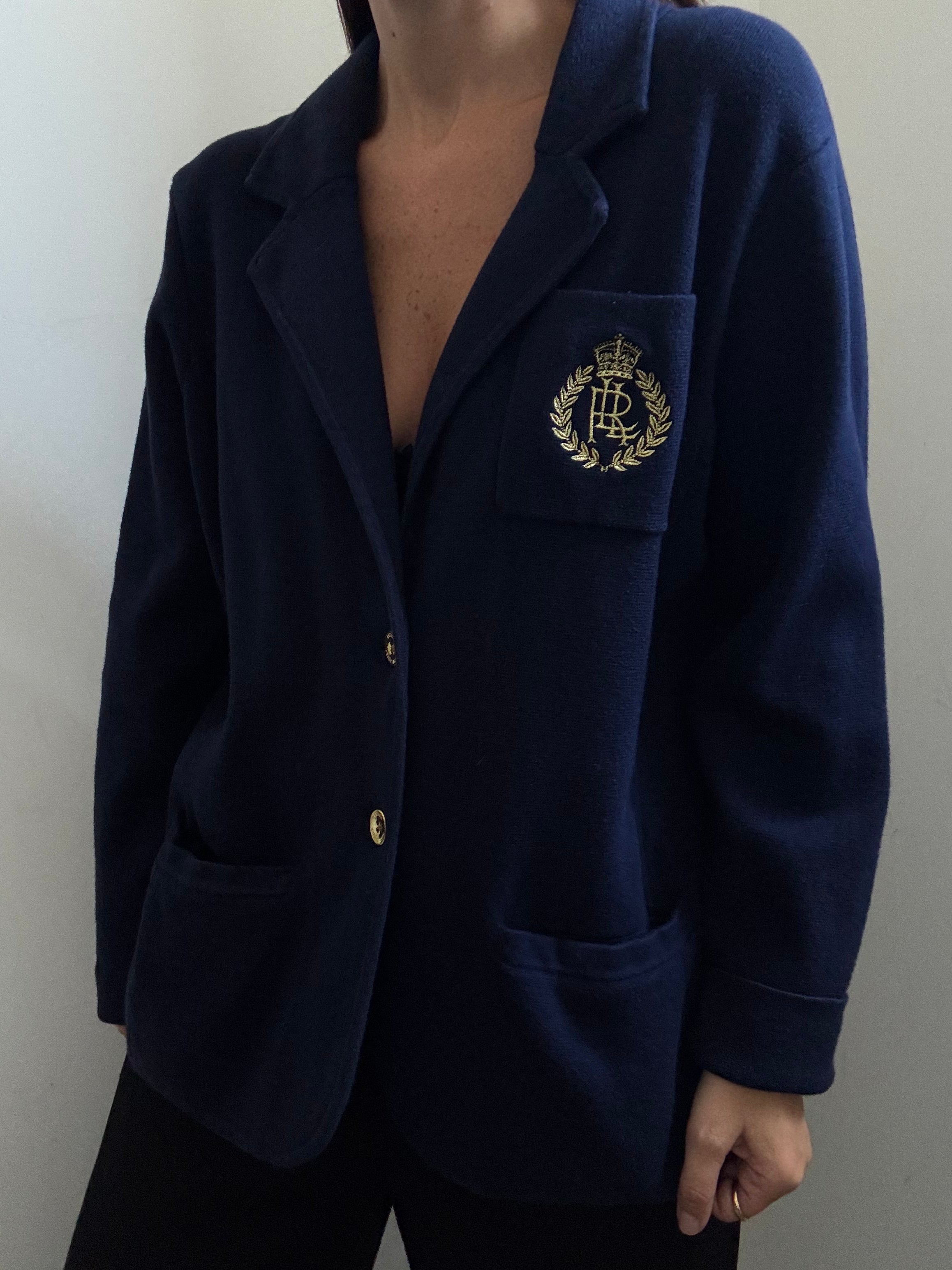 Vintage Ralph Lauren Navy Blue Knit Cardigan + Crest Patch Size XL