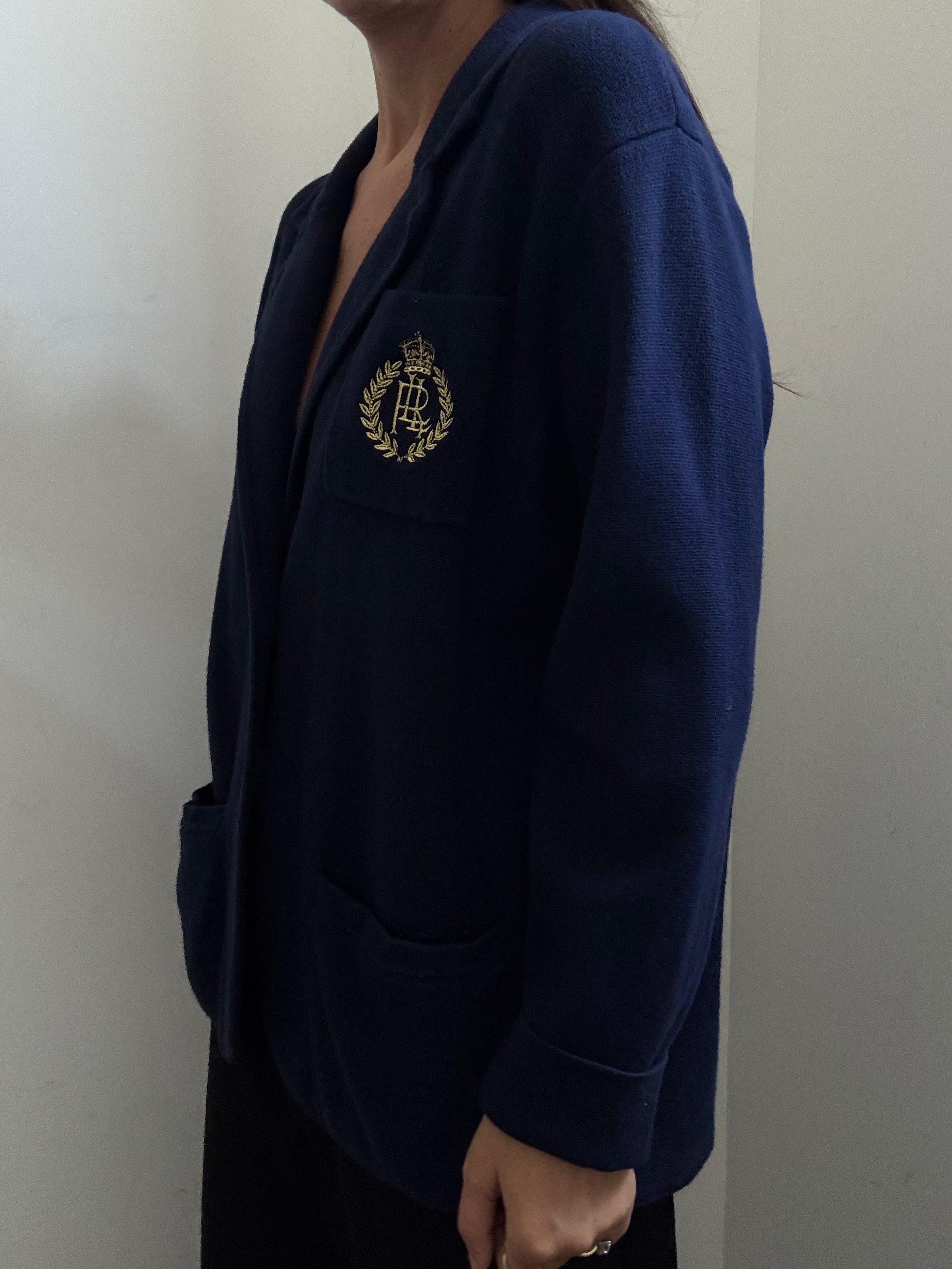 Vintage Ralph Lauren Navy Blue Knit Cardigan + Crest Patch Size XL