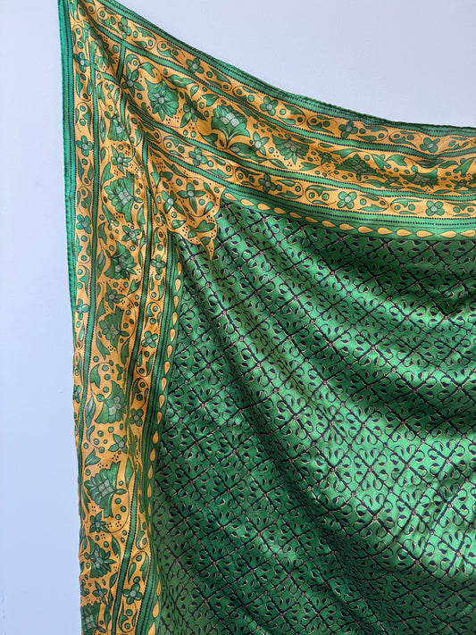Vintage Silk Green + Gold Floral Block Print Scarf