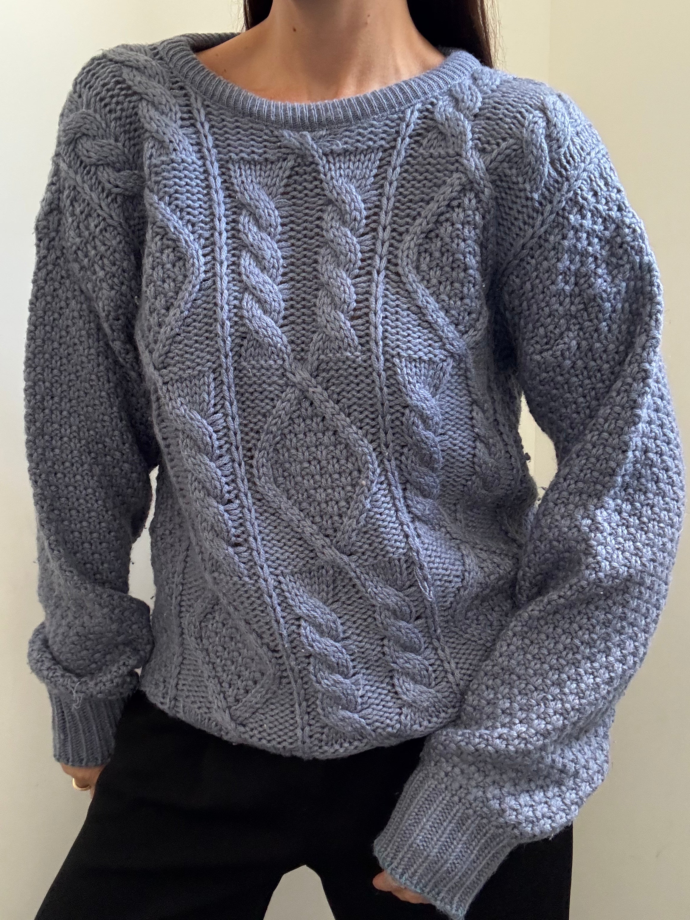 Vintage Dusty Blue Cable Knit Sweater Size L
