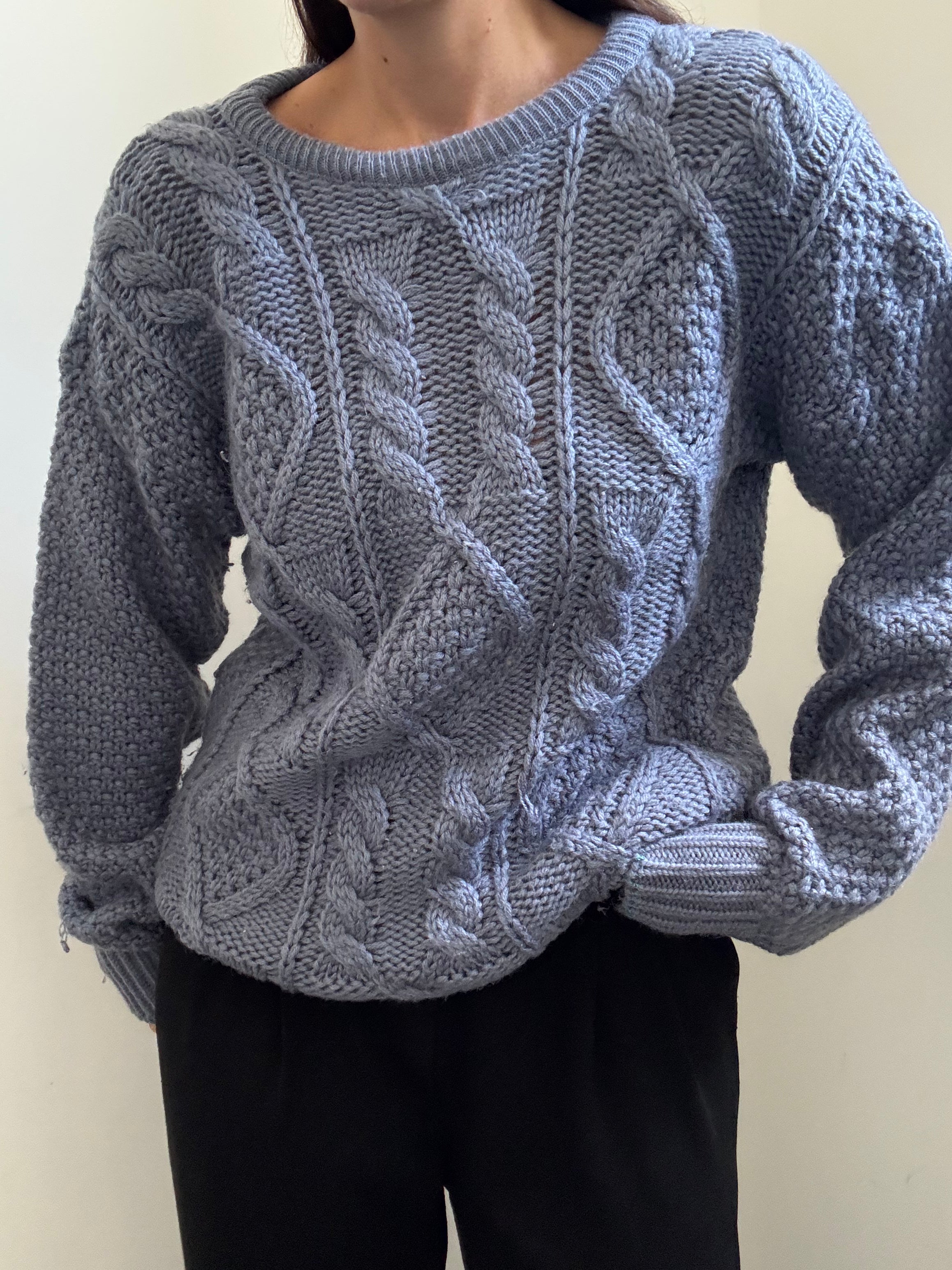 Vintage Dusty Blue Cable Knit Sweater Size L