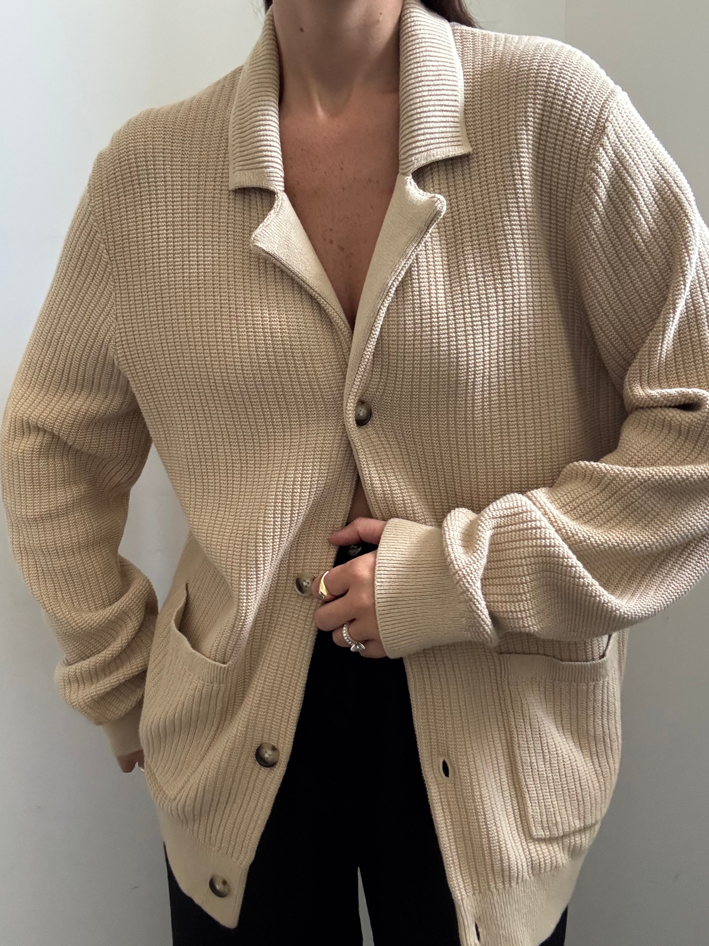 Vintage Tan Knit Cardigan Sweater Size M