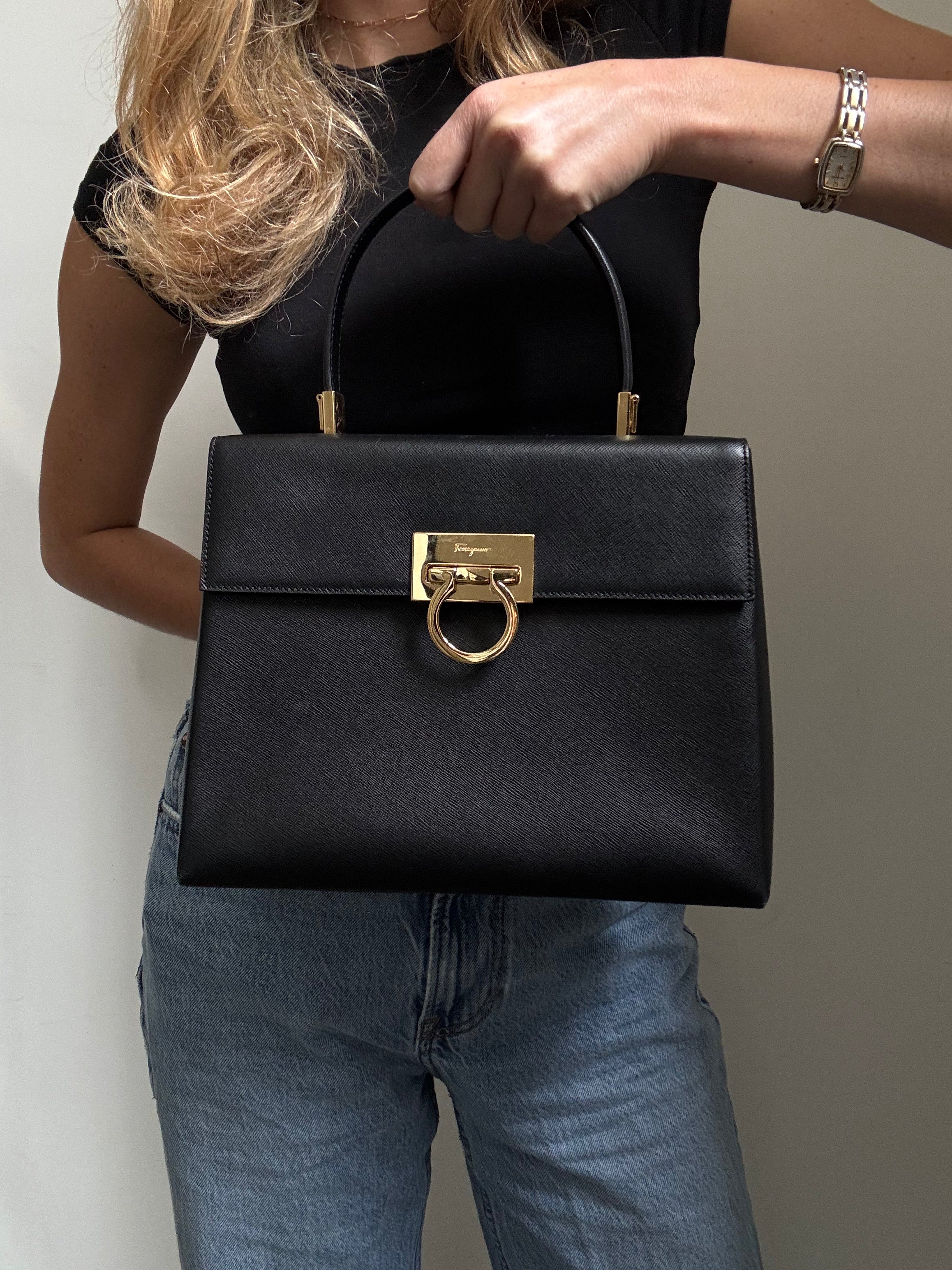 Vintage Salvatore Ferragamo Black Leather Top Handle Bag