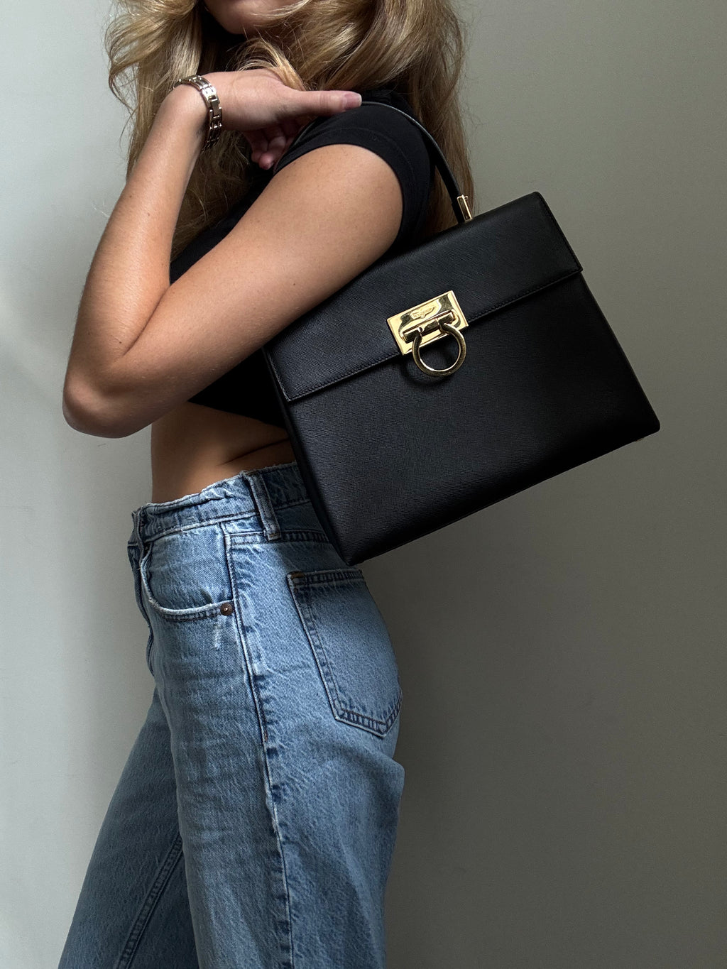 Vintage Salvatore Ferragamo Black Leather Top Handle Bag