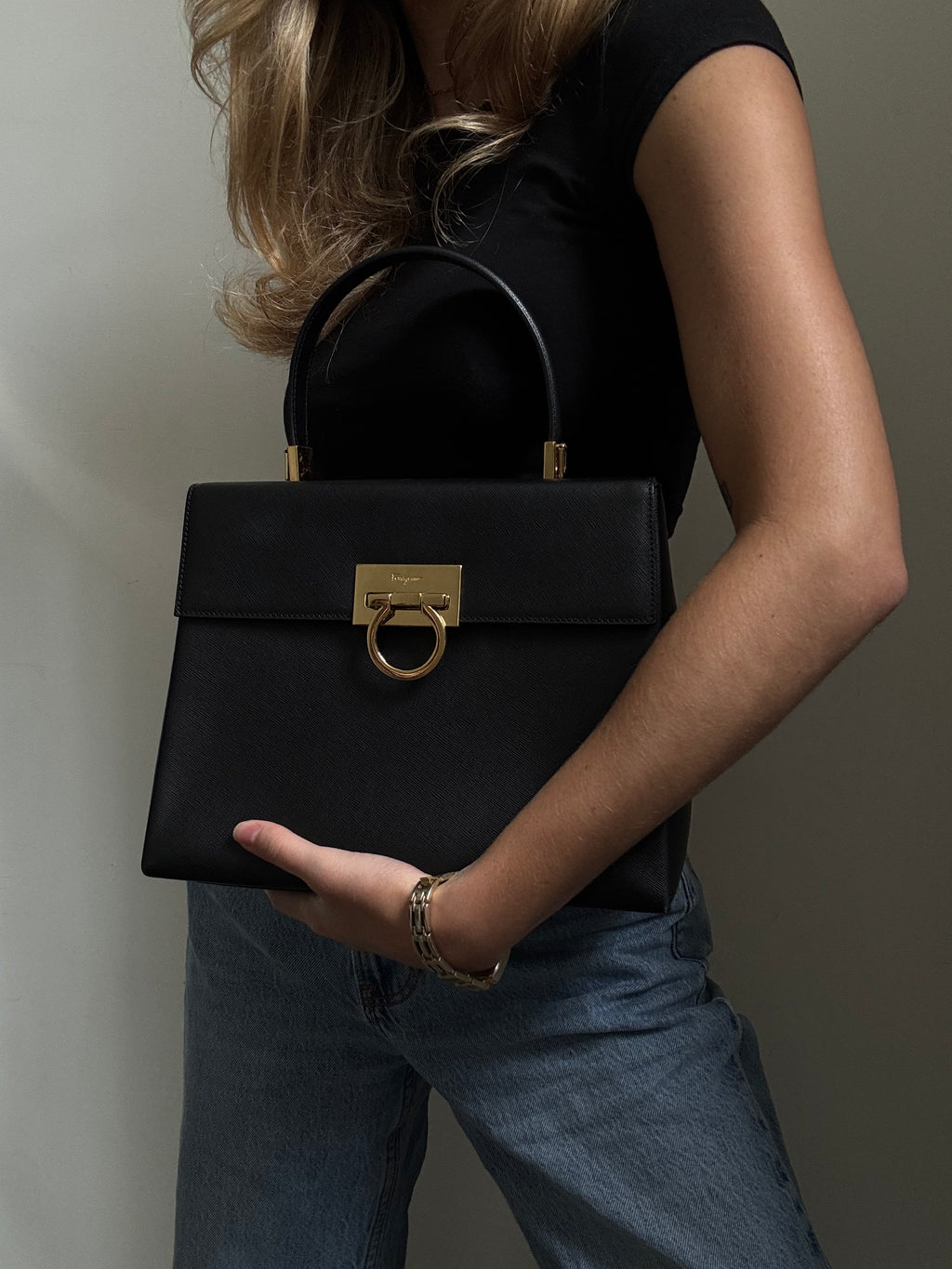 Vintage Salvatore Ferragamo Black Leather Top Handle Bag
