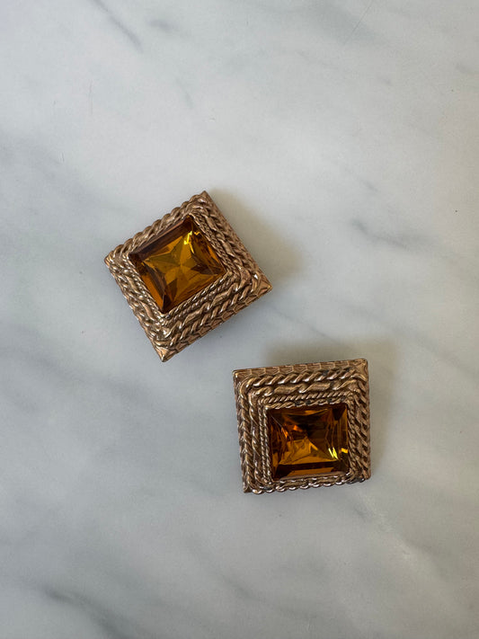 Vintage Gold-Toned + Amber Stone Earrings