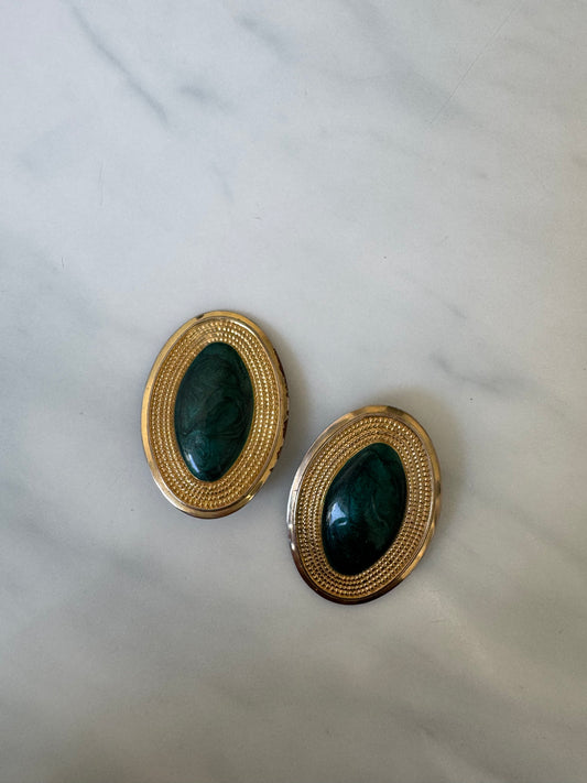 Vintage Gold-Toned + Deep Green Faux Crystal Earrings