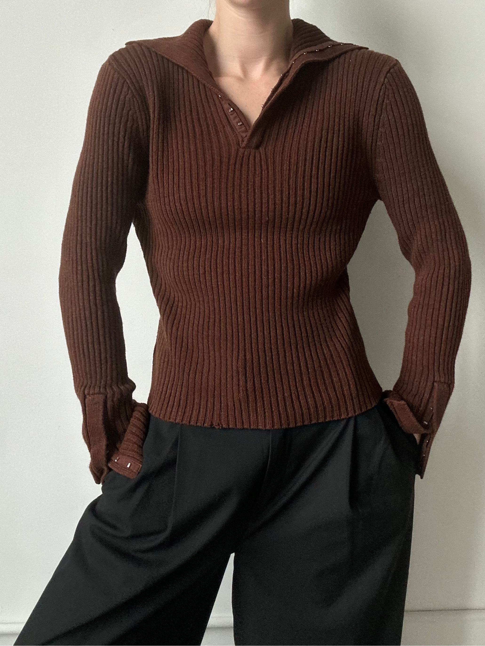 Vintage Chocolate Brown Ribbed Polo Sweater Size Large