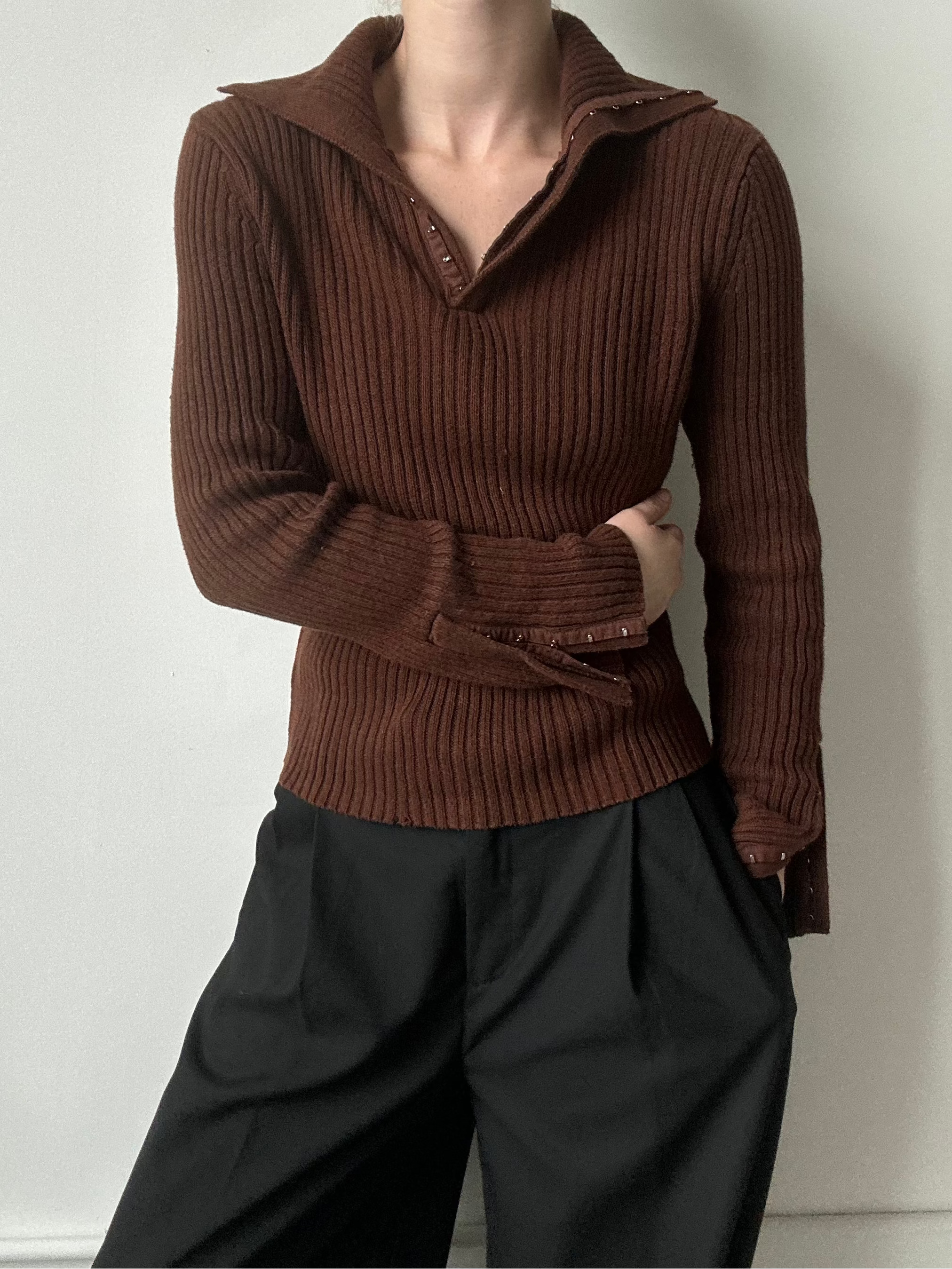 Vintage Chocolate Brown Ribbed Polo Sweater Size Large