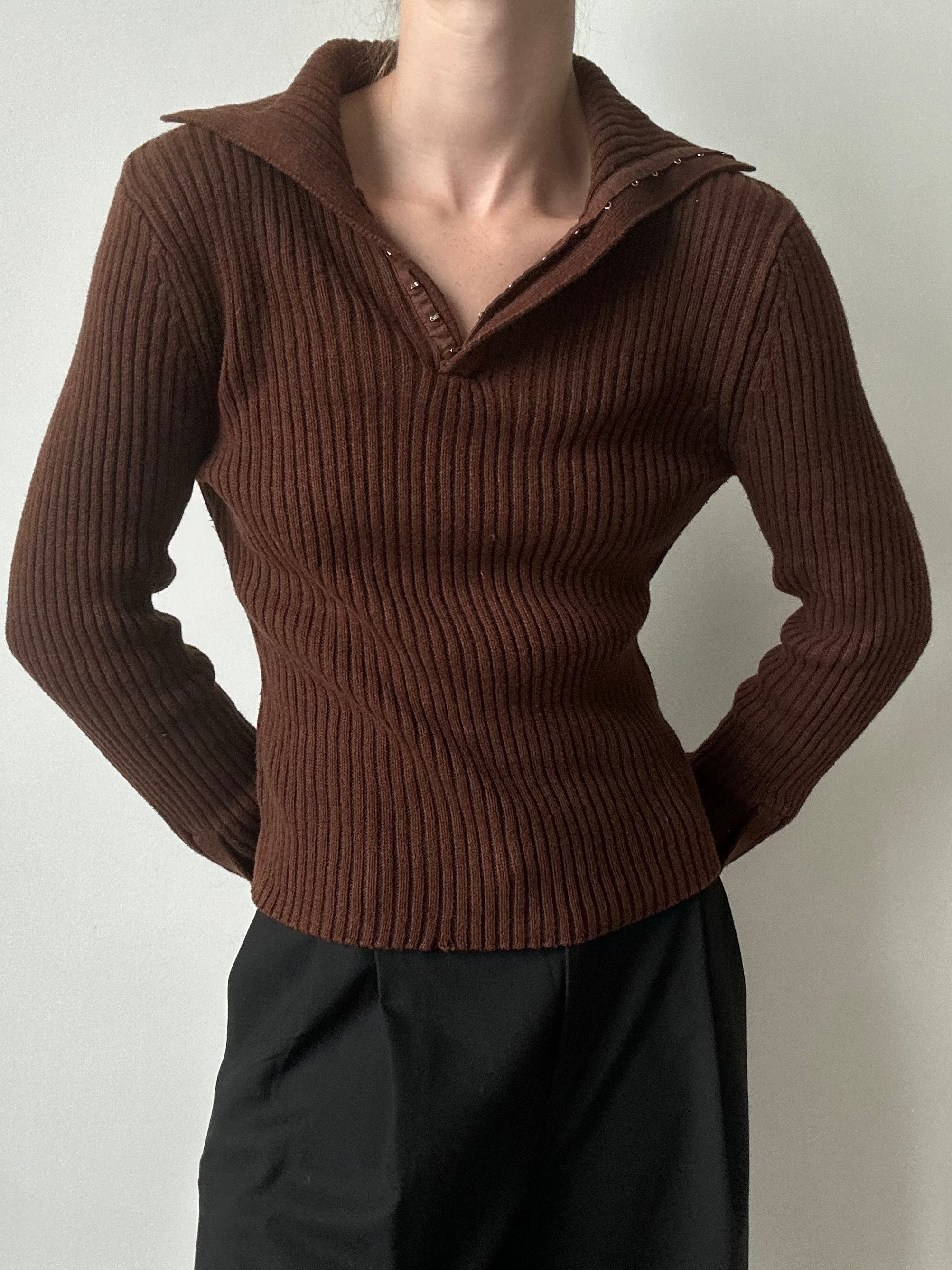 Vintage Chocolate Brown Ribbed Polo Sweater Size Large