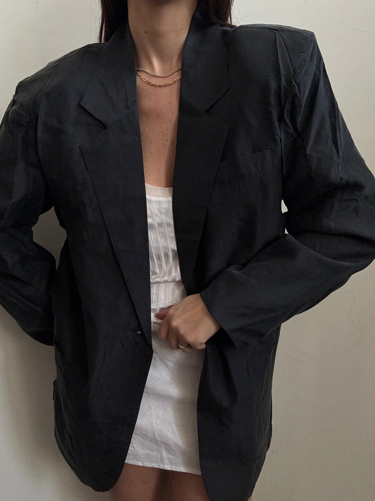 Vintage Black Silk Classic Lightweight Blazer Size Large