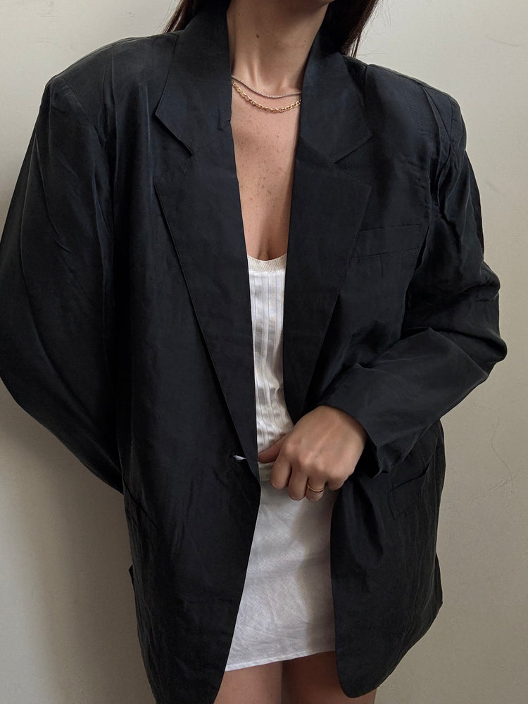 Vintage Black Silk Classic Lightweight Blazer Size Large