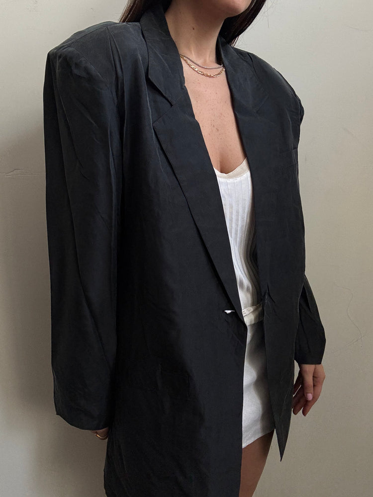 Vintage Black Silk Classic Lightweight Blazer Size Large