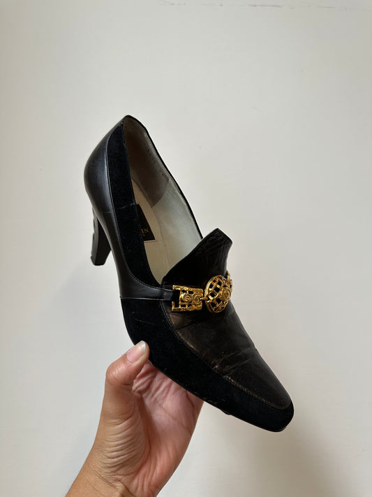 Vintage Lanvin Black Leather Heeled Loafers Size 8