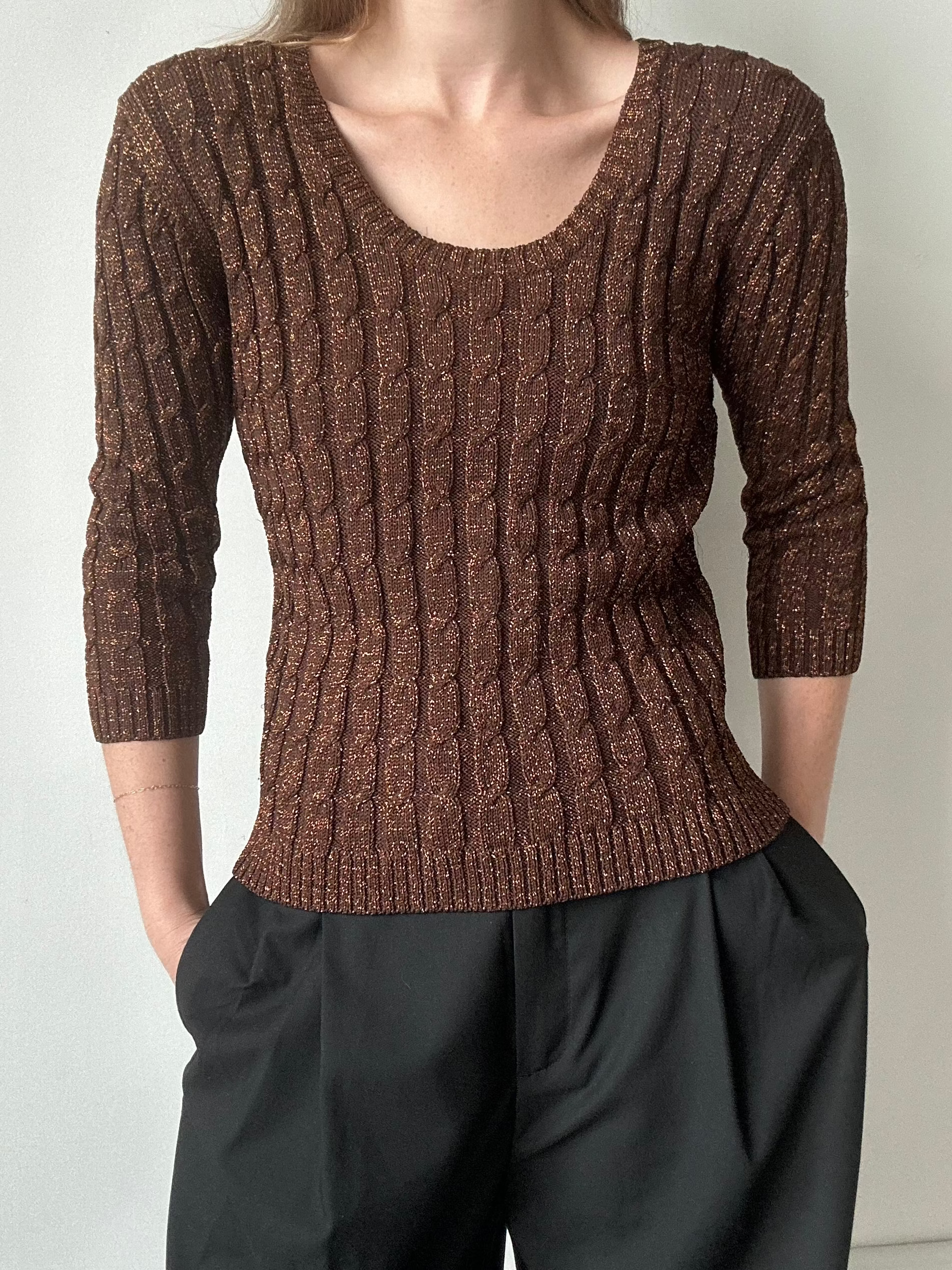 Vintage Brown Ribbed Marled Knit Top Size Extra Large