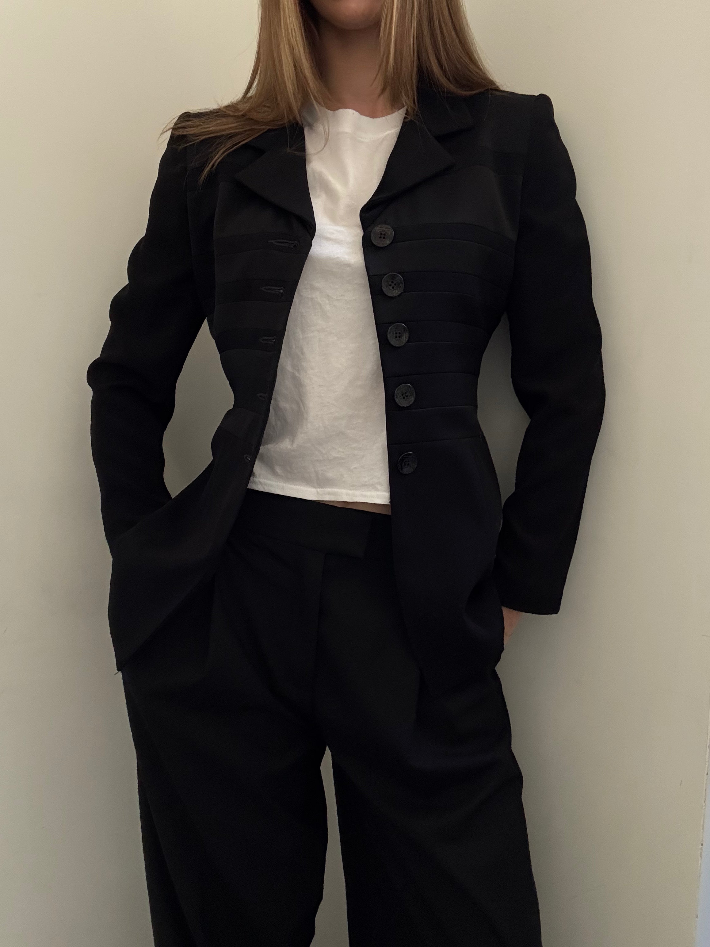 Vintage Black Structured Satin Striped Blazer Size Medium